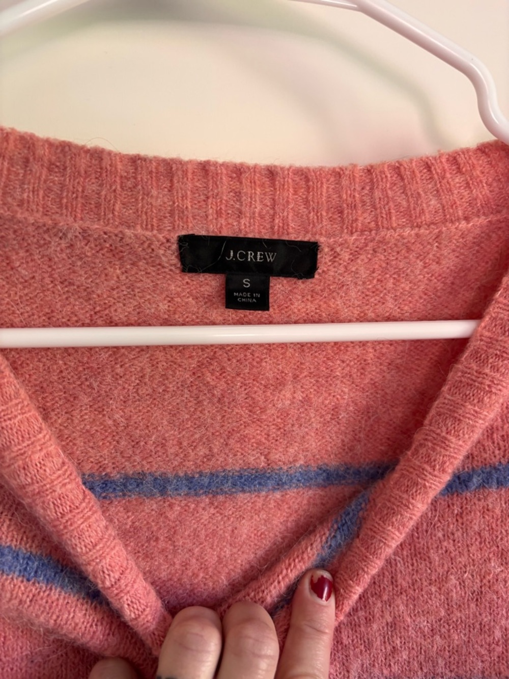 J. Crew Pink V-Neck Sweater with Blue Stripes